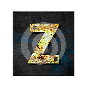 Letter z. Lower case. Alphabet from letters, from rusty iron, on a wooden plank. Isolated on white background. Education
