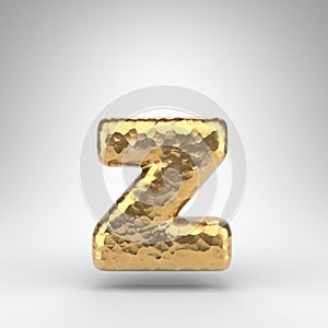 Letter Z lowercase on white background. Hammered brass 3D letter with shiny metallic texture