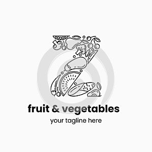 Letter Z made of fruit and vegetables. Organic food logo concept.