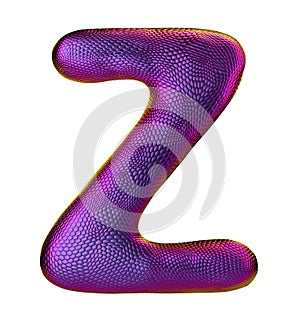 Letter Z made of natural snake skin texture purpur color. 3D letter render isolated on white.