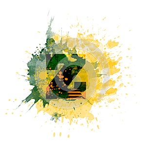 letter Z typography design, dark green and yellow ink splash grunge watercolor splatter, isolated on white, grungy backgro photo