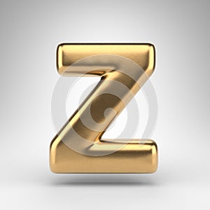 Letter Z uppercase on white background. Golden 3D letter with gloss metal texture.