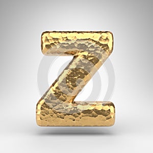 Letter Z uppercase on white background. Hammered brass 3D letter with shiny metallic texture