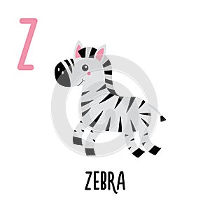 Letter Z Zebra. Animal and food alphabet for kids. Cute cartoon kawaii English abc. Funny Zoo Fruit Vegetable learning. Education
