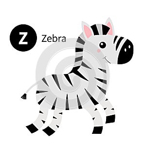 Letter Z. Zebra. Zoo animal alphabet. English abc with cute cartoon kawaii funny baby animals. Education cards for kids. Isolated