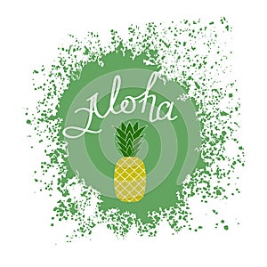 Lettering AlohaText with Pineapple. Hand Sketched Aloha Typography Sign