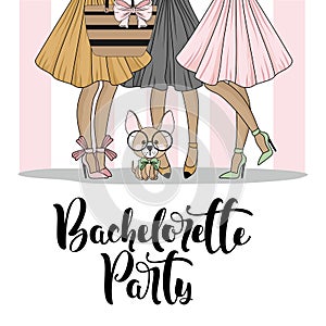 Lettering `Bachelorette Party` with hand-drawn beautiful vector illustration