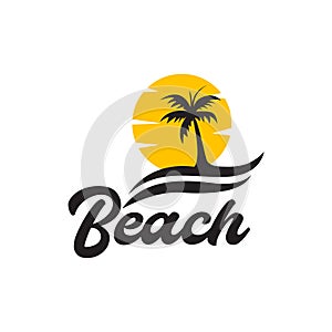 Lettering beach vintage with coconut trees and sunset logo design vector graphic symbol icon illustration creative idea
