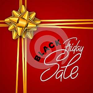 Lettering Black Friday Sale for promotion design. Gold tied a bow on a red background. Market special offer discount. Vector