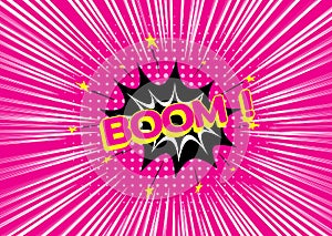 Lettering boom. Pop art. Bright pink colorful speed lines background. Effect motion lines for comic book and manga