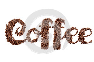 Lettering coffee. Coffee beans in the form of a text coffee, white background