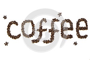 Lettering `Coffee` made of roasted coffee beans isolated on a white background