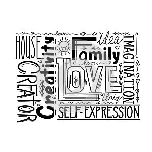 Lettering composition of different words. Human life values. Family, love and inspiration. Creativity and imagination. Black print