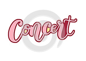 Lettering of Concert in pink with red outline on white background