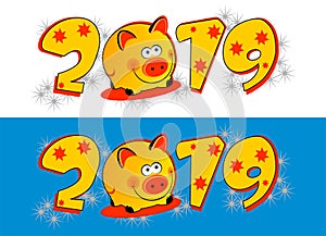 Lettering of date 2019 & pig. New year illustratio, vector.
