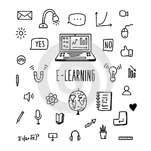 Lettering and doodle education, e-learning icons online formation, computer, globe, divider, lamp, headphones, formula, speech