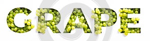 Lettering of English word grape of green fresh berries and cut paper  on white. Natural typeface