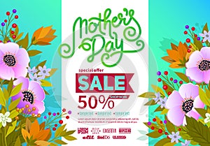 Lettering Happy Mothers Day beautiful greeting card. Bright vector illustration with colorful trend floral art