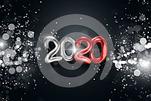 Lettering 2020 happy new year. Silver and red numbers 2020 on a dark background. 3d illustration, 3D render. Festive design, merry