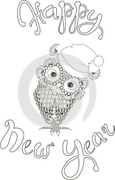 Lettering Happy New Year, zentangle cute owl