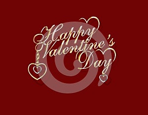 Lettering Happy Valentine`s Day. Gold pendants in the form of hearts in white and yellow gold. 3D with shadow. Vector illustratio