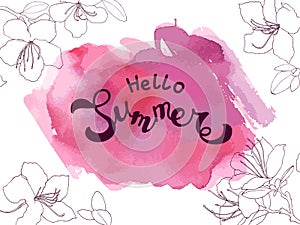 Lettering Hello summer on abstract watercolor texture