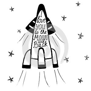 Lettering I love you to the moon and back in a rocket