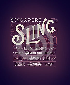 Lettering illustration of Singapore Sling cocktail recipe for bar menu