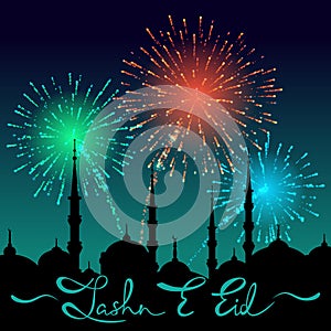 Lettering Jashn E Eid on silhouette of mosque cityscape. Translation Celebration of Eid Festival. Fireworks on abstract night