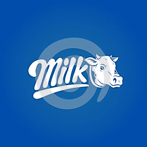 Lettering Logo - Milk and cow`s head. Emblem, illustration, logo design