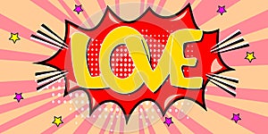 Lettering Love. Comics book halftone colored background balloon. Bubble speech icon . Comic cartoon font. Pop art retro style.