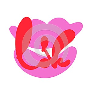 Lettering love. Vector illustration. Hand drawn elegant modern brush lettering of Happy Valentines Day on pink open lips