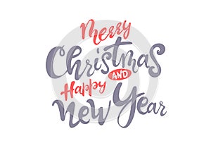 Lettering Merry Christmas and Happy New Year. 2020 postcard with calligraphy text. hand drawing. white background red