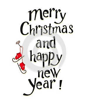 Lettering Merry Christmas and Happy New Year with hanging skates. Vector isolate on white background