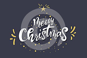 Lettering Merry Christmas and Happy New Year postcard with calligraphy text. hand drawing. golden white gray