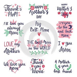 Lettering for mother. Moms day congratulated handwriting phrases, thank you and kiss. Decorative typography elements