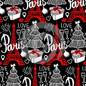 Lettering Paris and Eiffel Tower. Seamless pattern Merry Christmas and Happy new year fashion sketch gift box, tree and