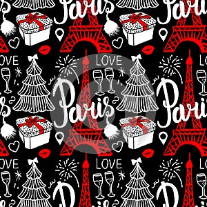 Lettering Paris and Eiffel Tower. Seamless pattern Merry Christmas and Happy new year fashion sketch. Vector on dark background.