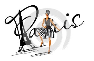 Lettering Paris with a fashion girl in black dress.