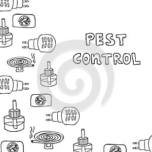 Lettering Pest control. Hand drawing frame with element for anti-mosquito device isolated background. Sketch of electric