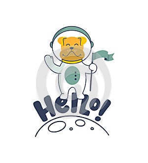 Lettering phrase - hello. The astronaut character is on a planet with a flag