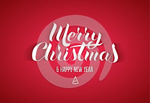 Lettering in the popular style of `Merry Christmas Happy New Year`. White paper letters with a shadow on a red background