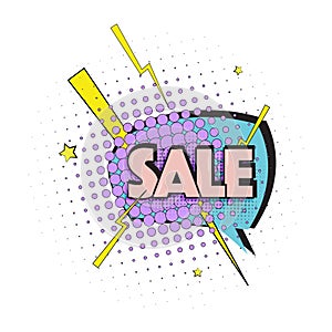 Lettering sale, emotion, surprise. Pop art text marketing effect. Vector bubble icon speech phrase, cartoon font label