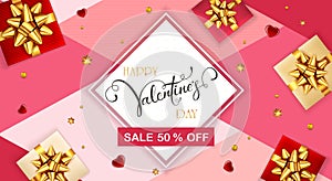 Lettering Sale on Pink Valentines Background with Gifts and Hearts