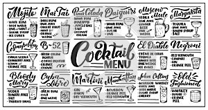 Lettering set of cocktails recipes. Template for card banner and poster for bar menu and restaurant