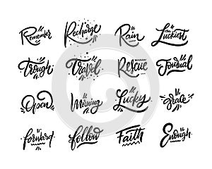 Lettering set inspirational positive words. Hand drawn calligraphy. Black color. Vector illustration. Isolated on white background