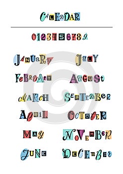 Lettering set of months of the year and numbers with black letters on colorful shapes