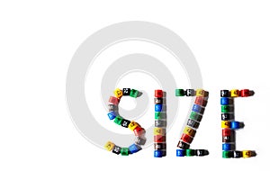 Lettering SIZE made of multicolored plastic size labels