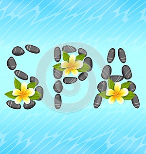 Lettering spa made â€‹â€‹of pebbles and frangipani flowers