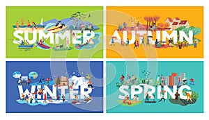 Lettering Summer, Autumn, Winter, Spring and themed plots. Set. Around letters genre pictures with human activities photo